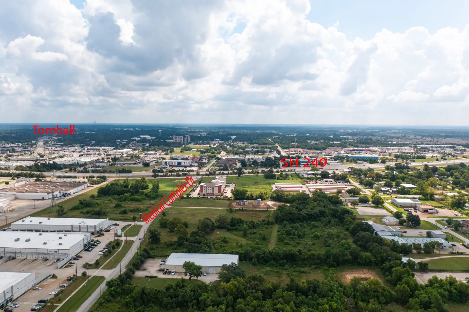 Aerial context view with Tomball, SH 249 and Medical Complex Drive labelled